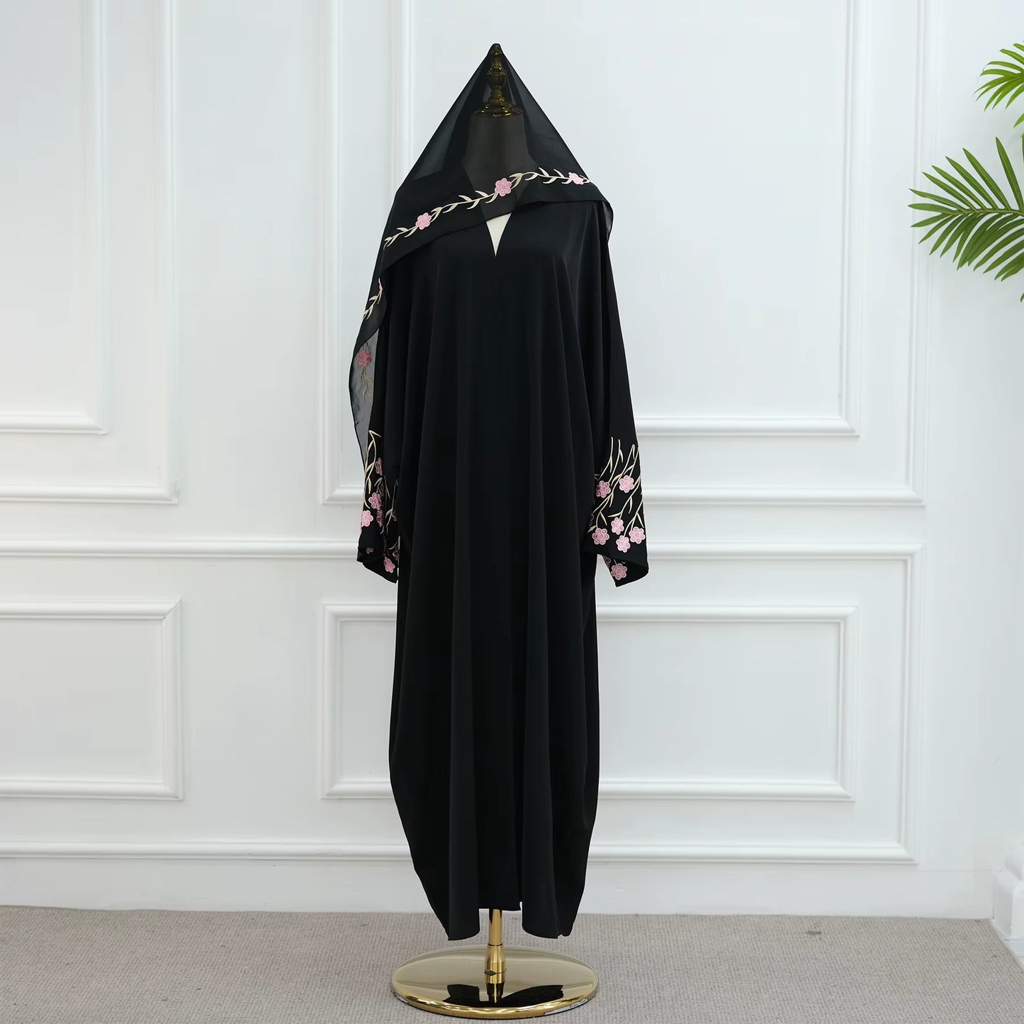 Loriya Islamic Clothing Embroidery Floral Abaya 2025 Wholesale Front Open Abaya Women Muslim Dress and Hijab 2PCS Set Breathable