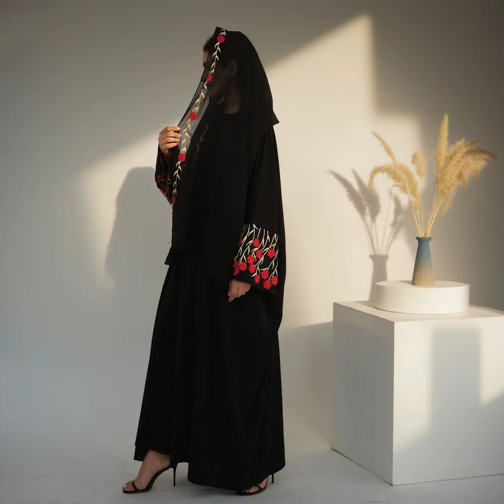 Loriya Islamic Clothing Embroidery Floral Abaya 2025 Wholesale Front Open Abaya Women Muslim Dress and Hijab 2PCS Set Breathable