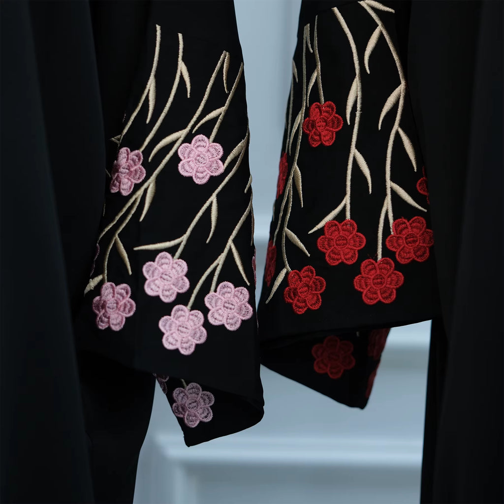 Loriya Islamic Clothing Embroidery Floral Abaya 2025 Wholesale Front Open Abaya Women Muslim Dress and Hijab 2PCS Set Breathable