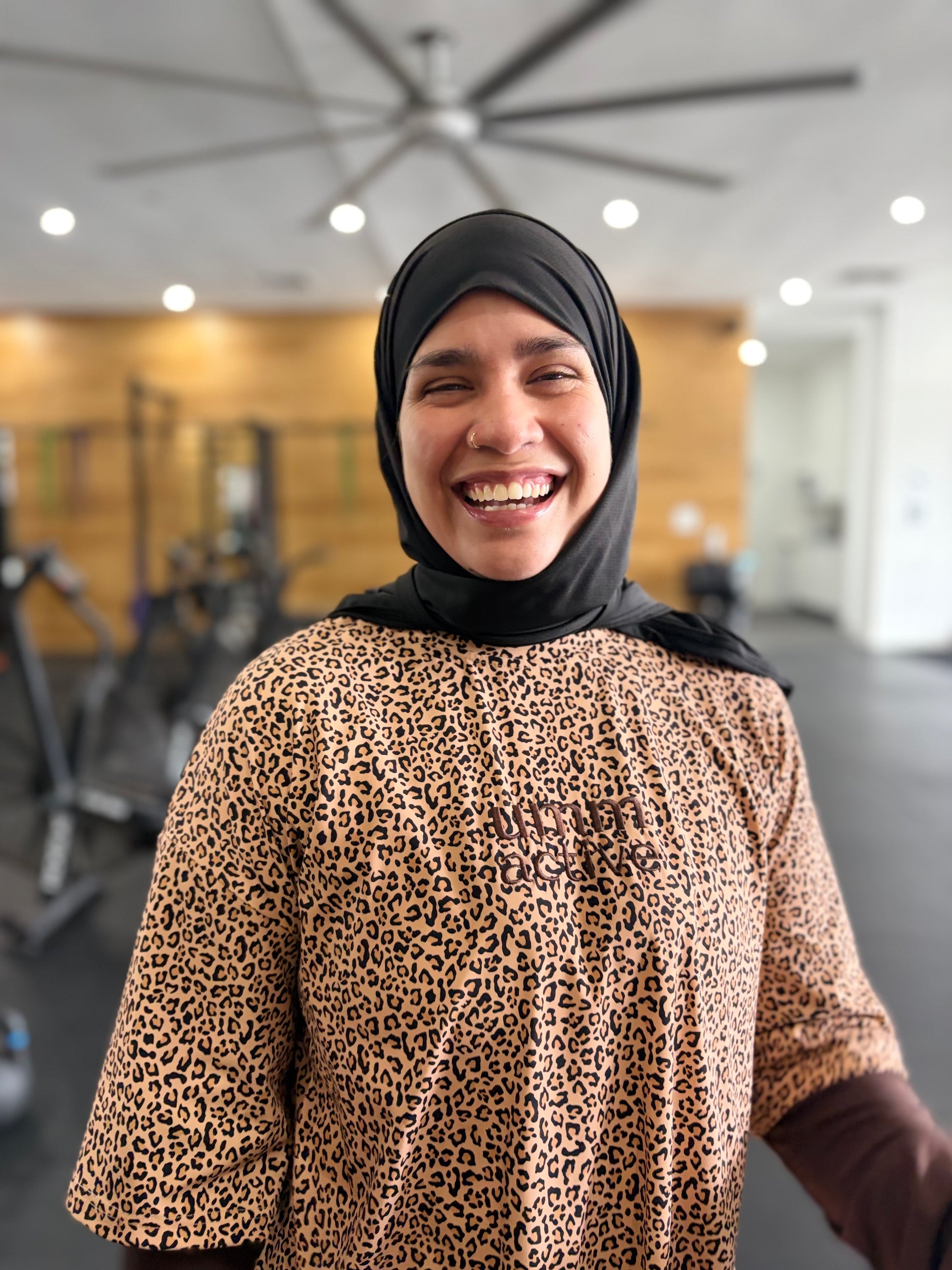 Leopard print modest gym shirt and instant sport hijab
