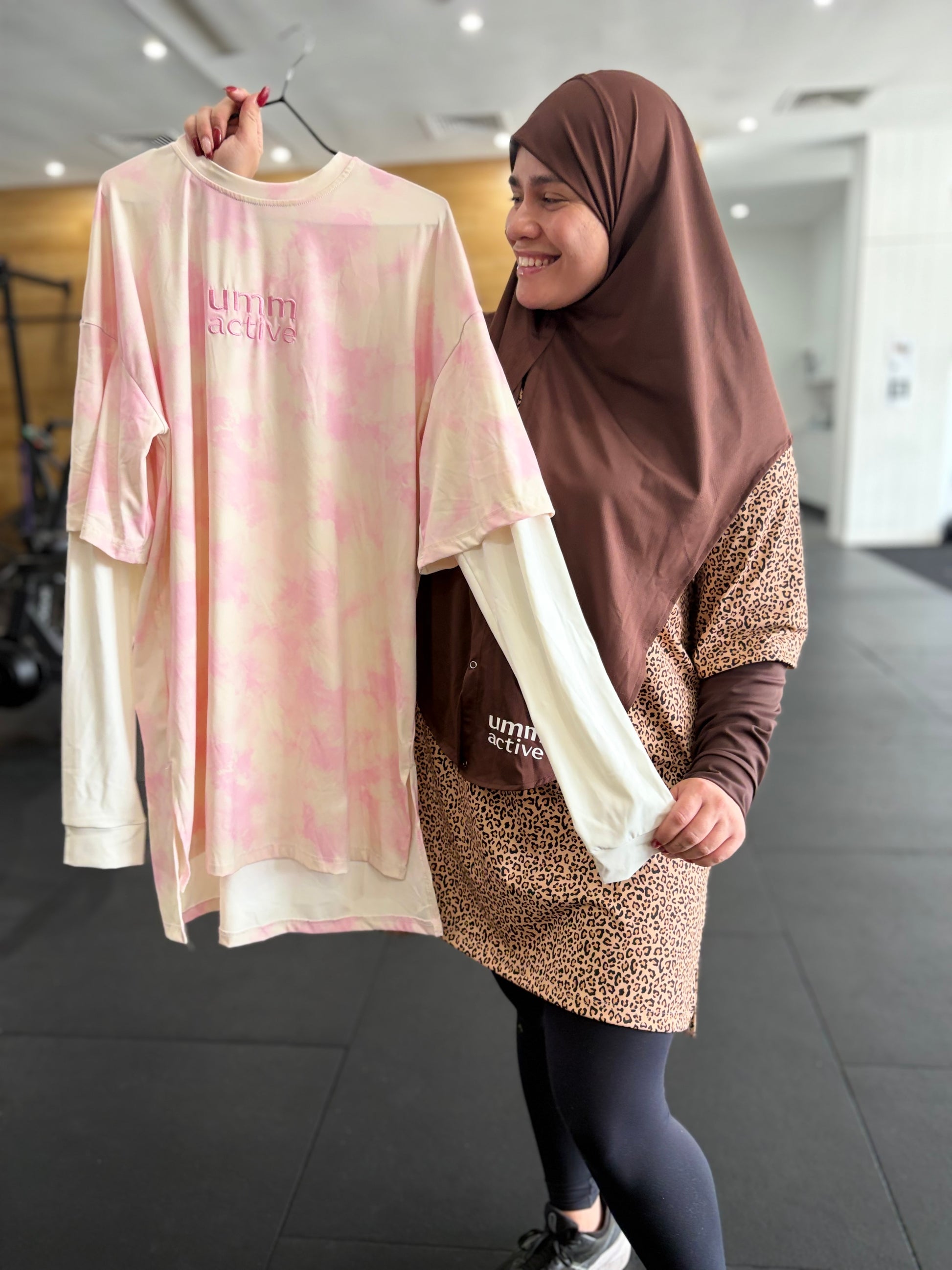 Pink and Leopard modest active tops, modest  gym tops Australia 