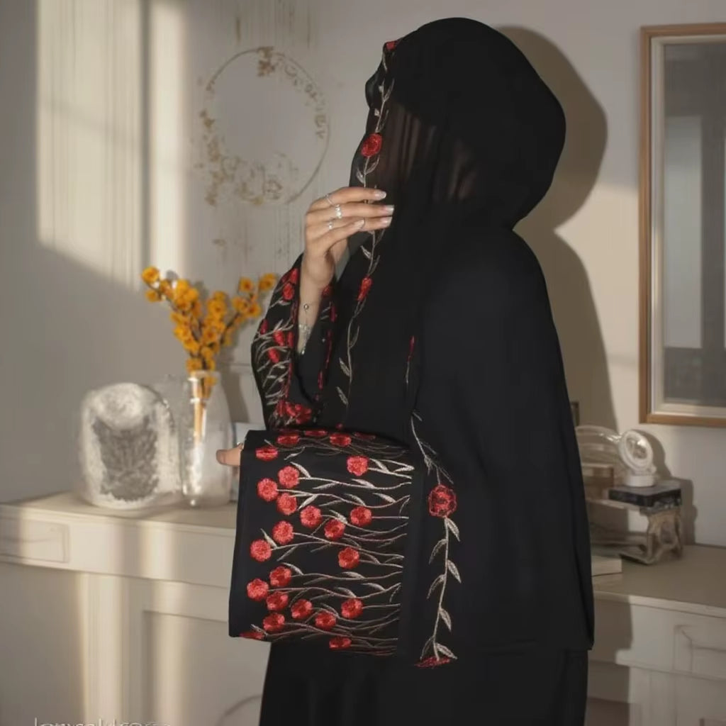 Loriya Islamic Clothing Embroidery Floral Abaya 2025 Wholesale Front Open Abaya Women Muslim Dress and Hijab 2PCS Set Breathable