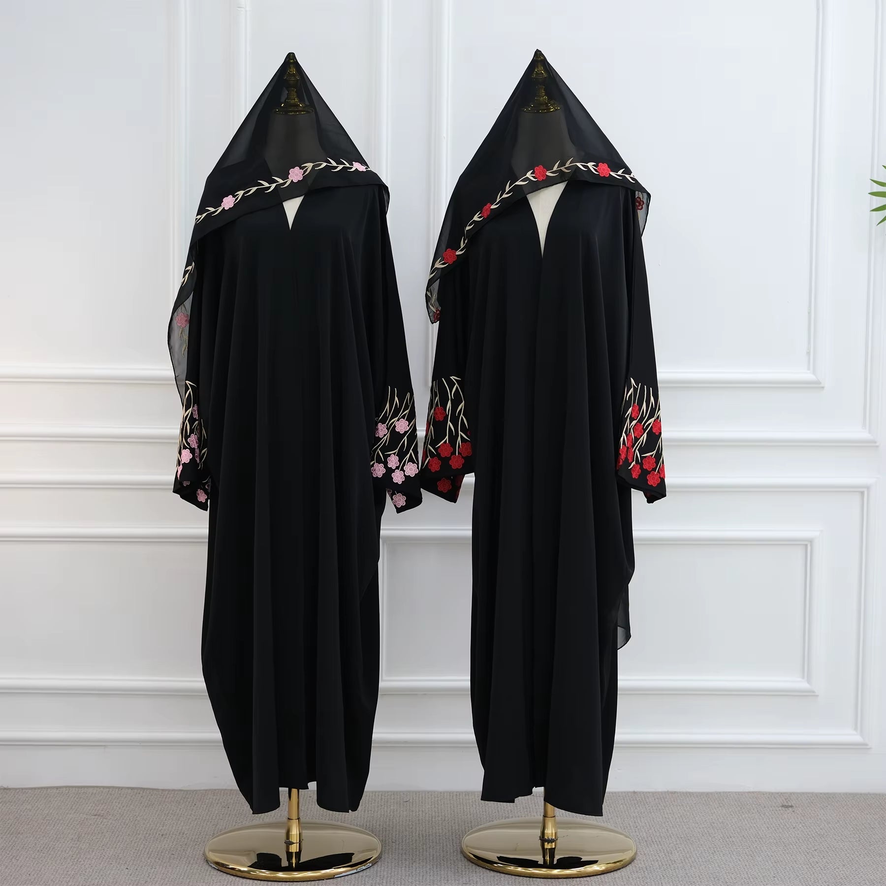 Loriya Islamic Clothing Embroidery Floral Abaya 2025 Wholesale Front Open Abaya Women Muslim Dress and Hijab 2PCS Set Breathable