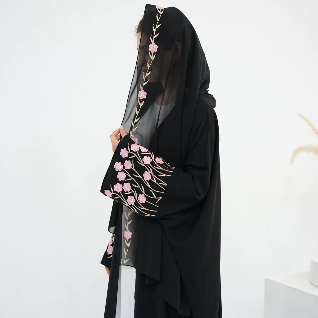 Loriya Islamic Clothing Embroidery Floral Abaya 2025 Wholesale Front Open Abaya Women Muslim Dress and Hijab 2PCS Set Breathable